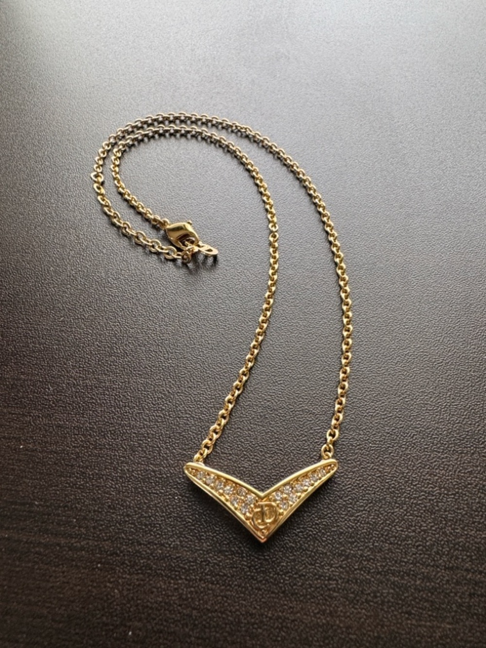 Christian Dior Vintage Gold Crystal V-Shaped Pendant Necklace